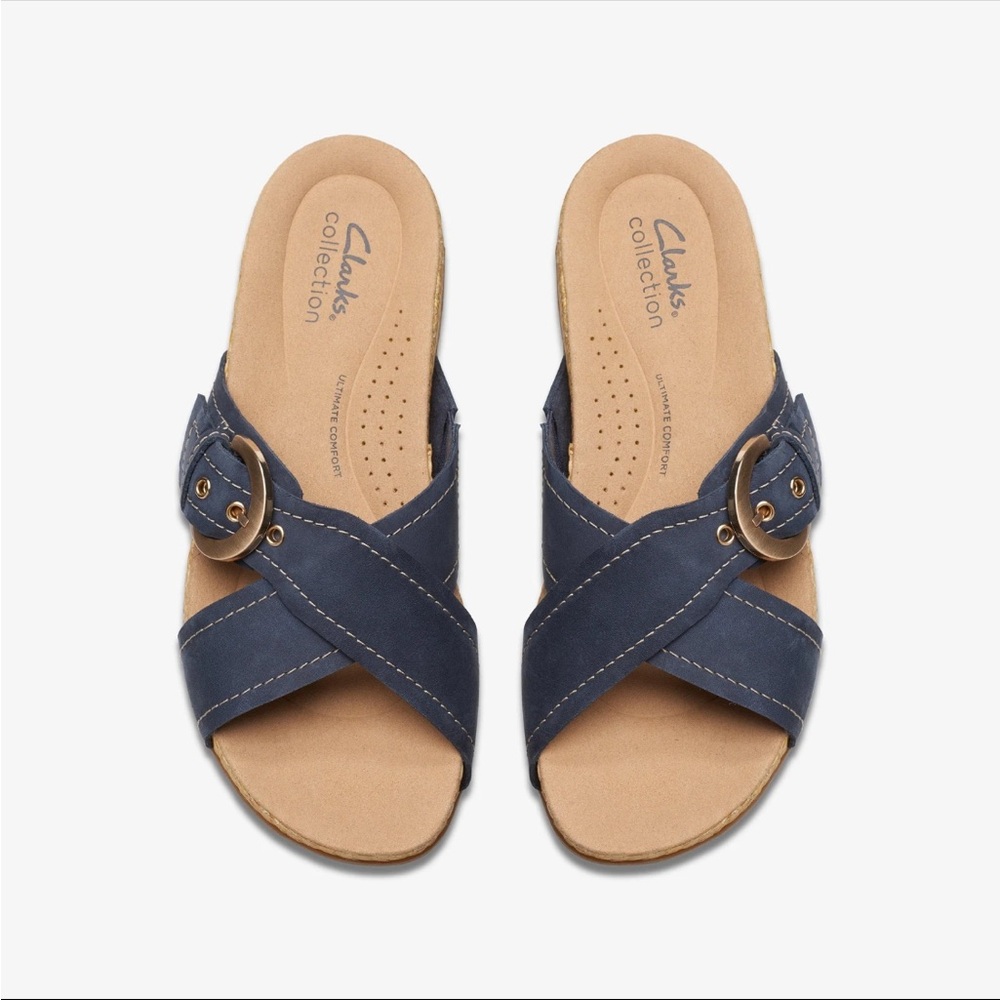 Clarks Navy Blue Women's Sandals reileigh May 10 large buckle slip on flat